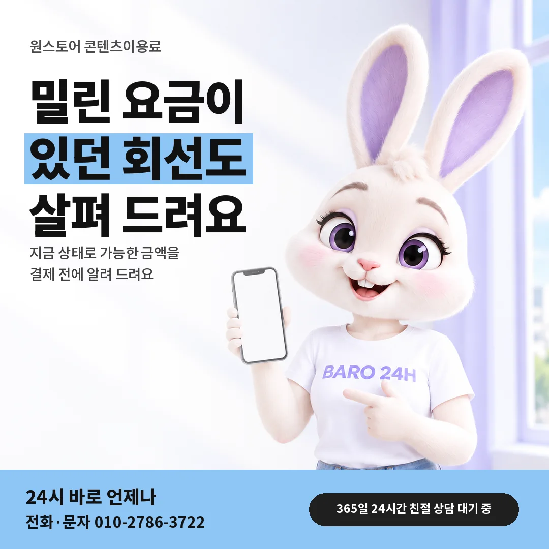 BARO 24H 티셔츠를 입은 3D 토끼 캐릭터 옆에 「원스토어 미납 정책 살피기」 제목을 얹은 안내 카드
